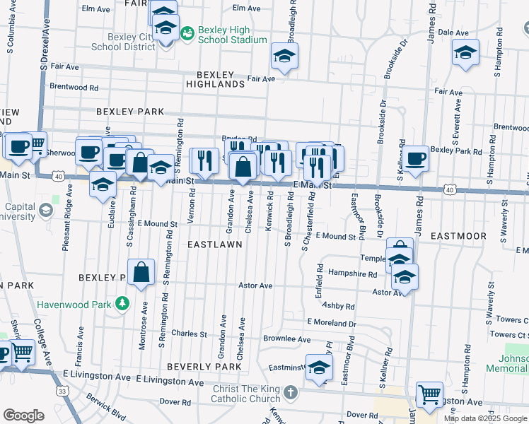 map of restaurants, bars, coffee shops, grocery stores, and more near 721 South Gould Road in Bexley