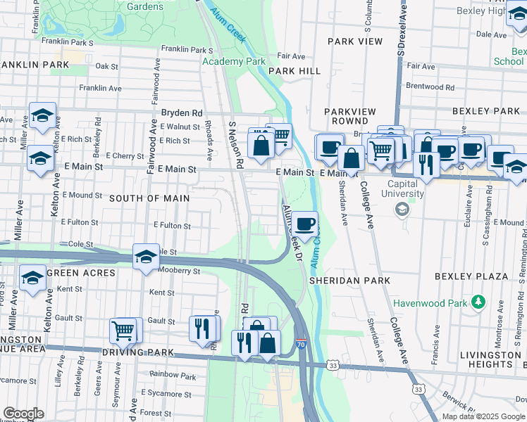 map of restaurants, bars, coffee shops, grocery stores, and more near 572 South Nelson Road in Columbus