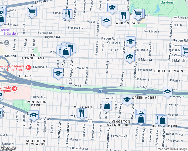 map of restaurants, bars, coffee shops, grocery stores, and more near 512 Linwood Avenue in Columbus