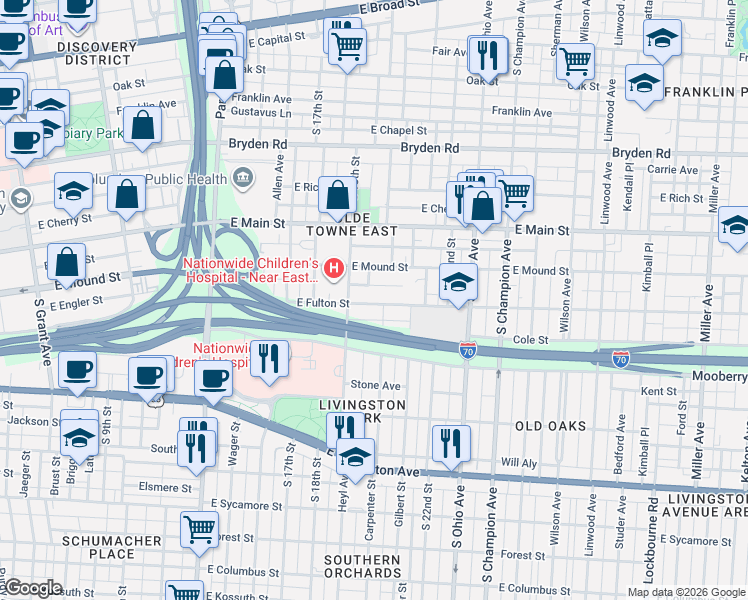 map of restaurants, bars, coffee shops, grocery stores, and more near 876 East Fulton Street in Columbus