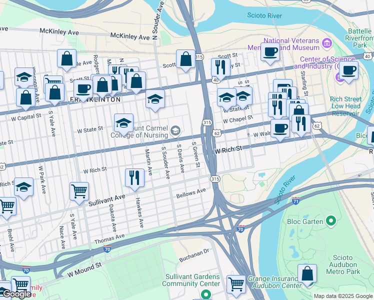 map of restaurants, bars, coffee shops, grocery stores, and more near 204 South Davis Avenue in Columbus