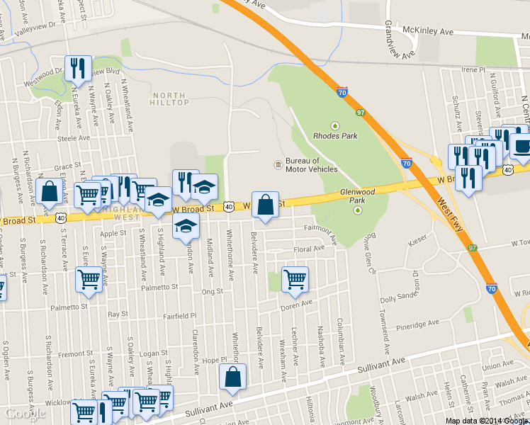 map of restaurants, bars, coffee shops, grocery stores, and more near 2047 West Broad Street in Columbus