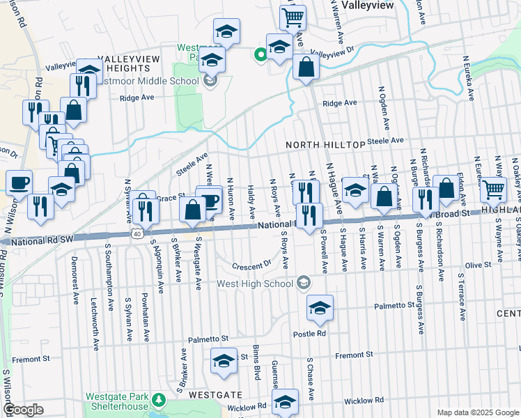 map of restaurants, bars, coffee shops, grocery stores, and more near 34 Haldy Avenue in Columbus