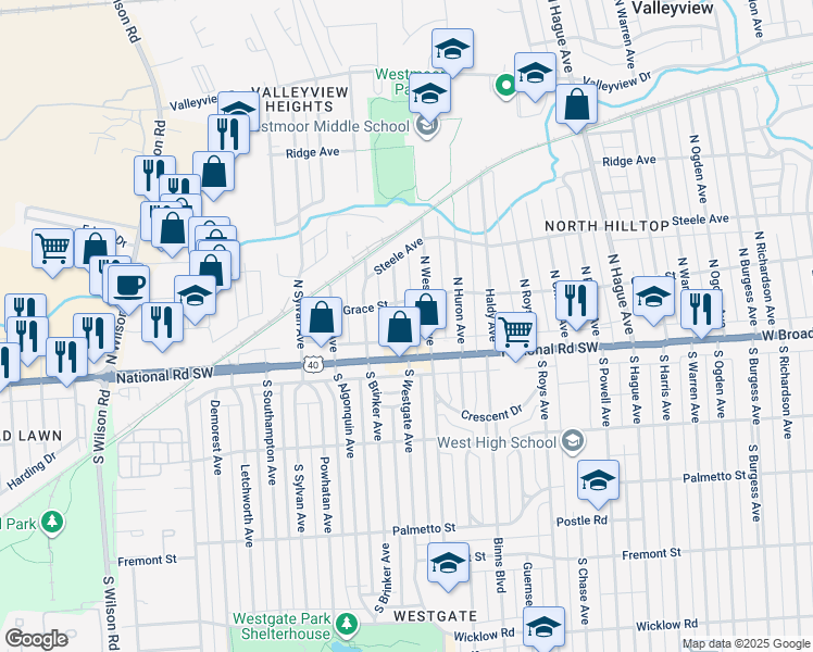 map of restaurants, bars, coffee shops, grocery stores, and more near 41 North Westgate Avenue in Columbus