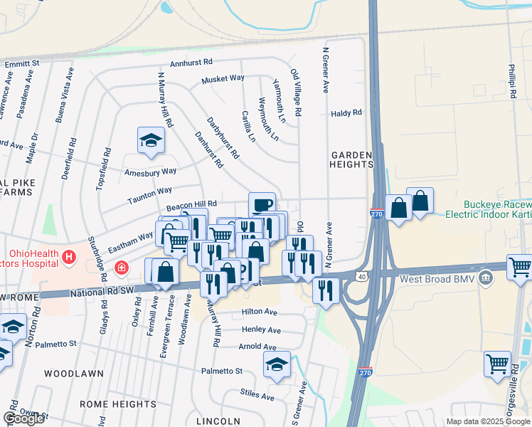 map of restaurants, bars, coffee shops, grocery stores, and more near 132 Tarryton Court East in Columbus