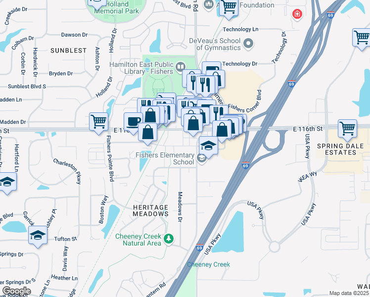 map of restaurants, bars, coffee shops, grocery stores, and more near 8767 South Street in Fishers