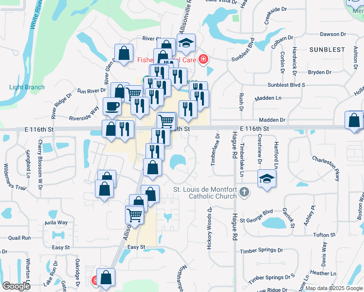 map of restaurants, bars, coffee shops, grocery stores, and more near 535 Conner Creek Drive in Fishers