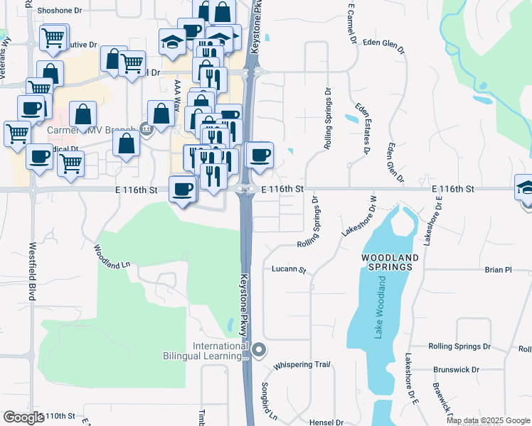 map of restaurants, bars, coffee shops, grocery stores, and more near 3028 Westfall Parkway in Carmel