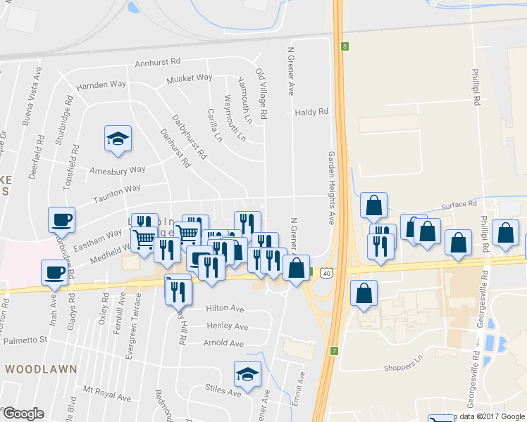 map of restaurants, bars, coffee shops, grocery stores, and more near 159 Old Village Road in Columbus