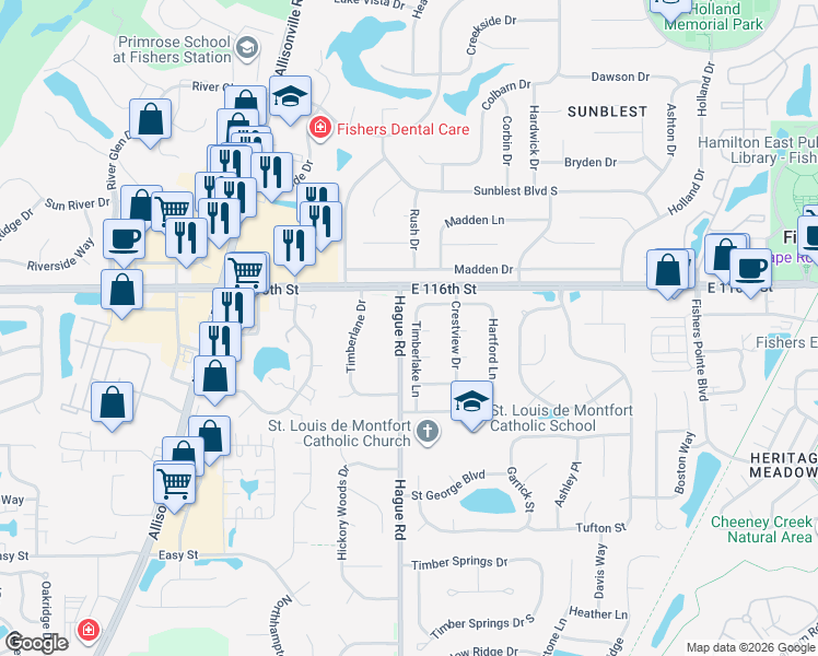 map of restaurants, bars, coffee shops, grocery stores, and more near 11525 Timberlake Lane in Fishers