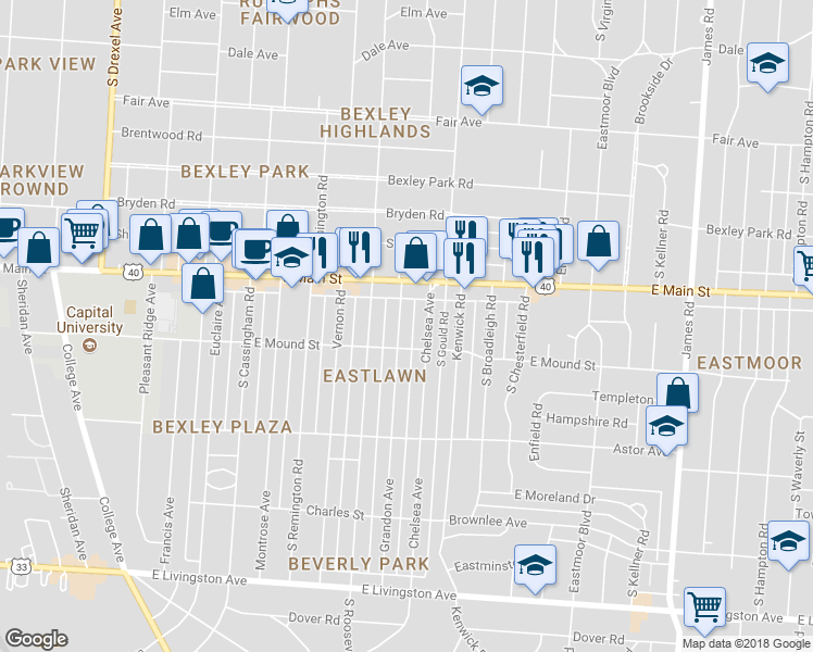 map of restaurants, bars, coffee shops, grocery stores, and more near 718 Grandon Avenue in Columbus