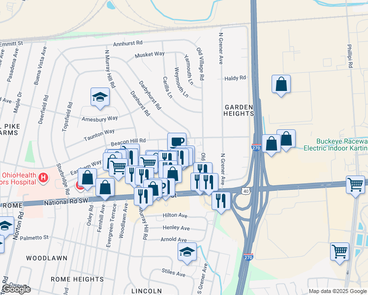 map of restaurants, bars, coffee shops, grocery stores, and more near 132 Tarryton Court East in Columbus