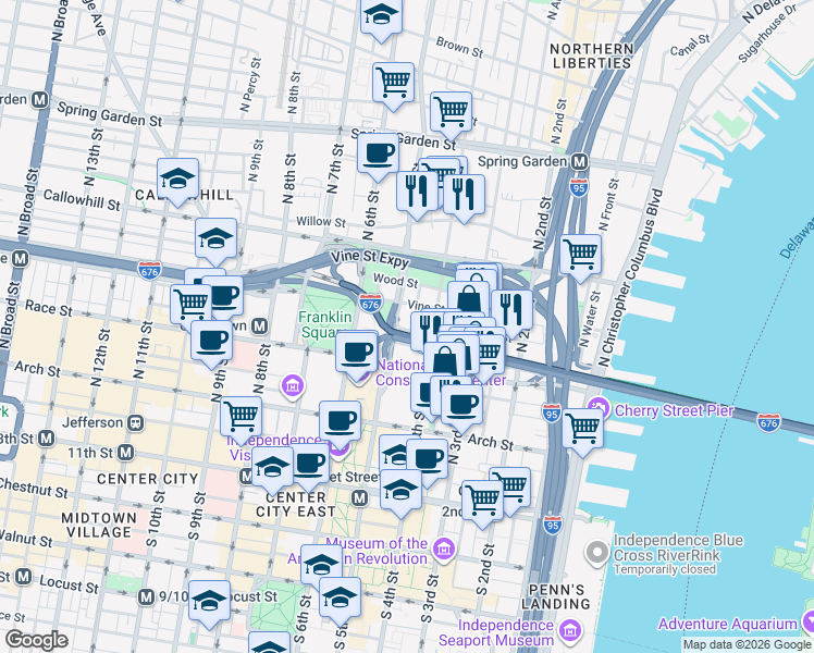 map of restaurants, bars, coffee shops, grocery stores, and more near 246 North Lawrence Street in Philadelphia