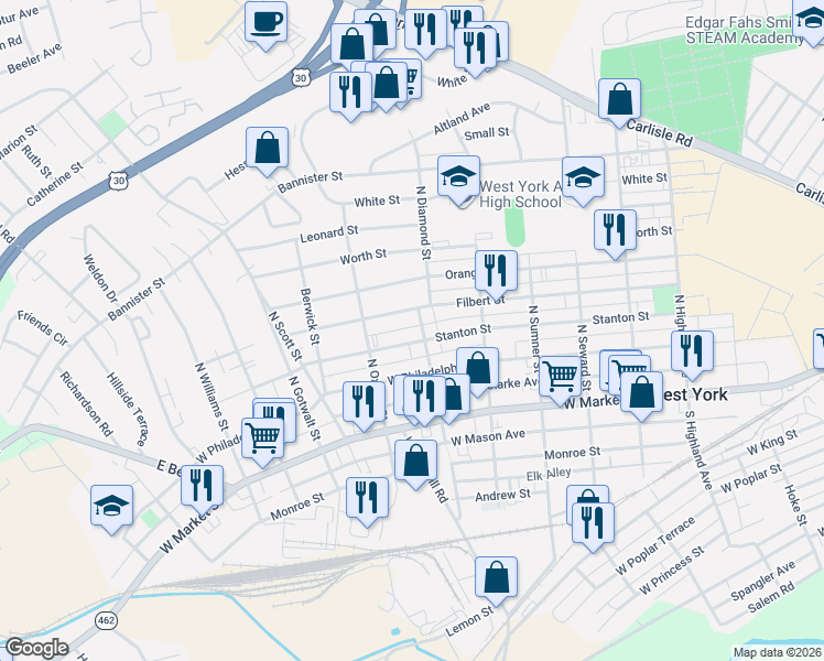 map of restaurants, bars, coffee shops, grocery stores, and more near 220 N Diamond St in York