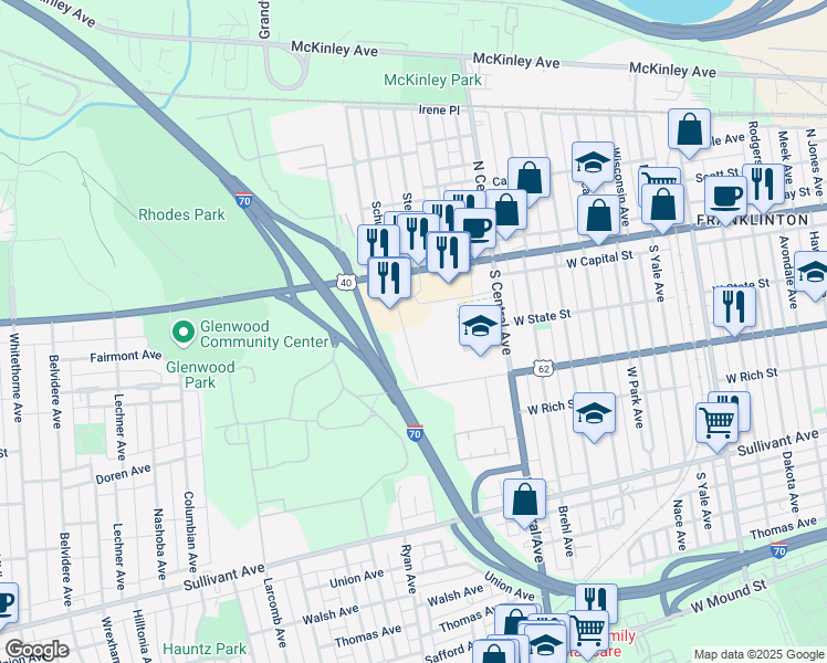 map of restaurants, bars, coffee shops, grocery stores, and more near 1547 West Broad Street in Columbus