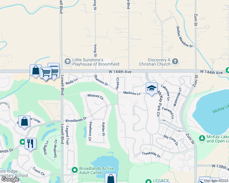 map of restaurants, bars, coffee shops, grocery stores, and more near 3108 Shannon Drive in Broomfield