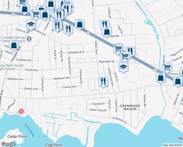 map of restaurants, bars, coffee shops, grocery stores, and more near 525 Corwill Terrace in Toms River