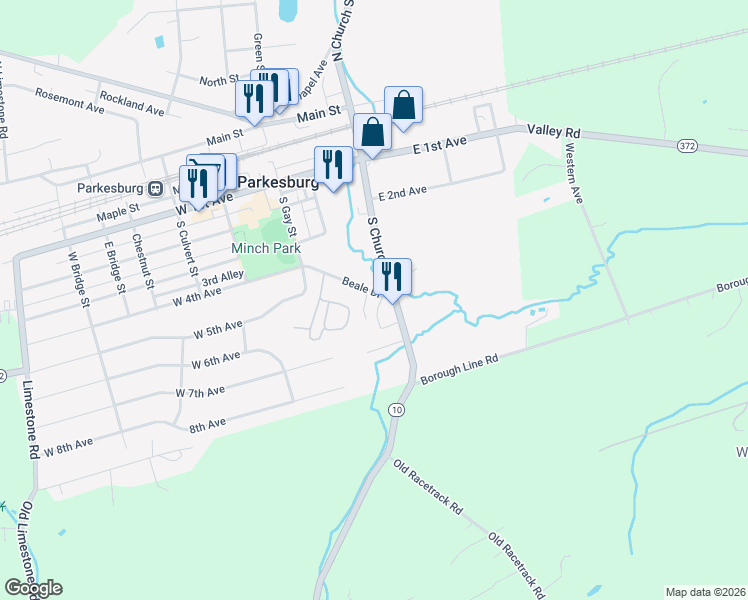 map of restaurants, bars, coffee shops, grocery stores, and more near 10 Beale Drive in Parkesburg