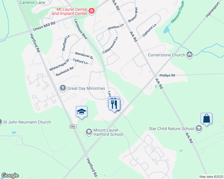 map of restaurants, bars, coffee shops, grocery stores, and more near 307A Ralston Drive in Mount Laurel Township