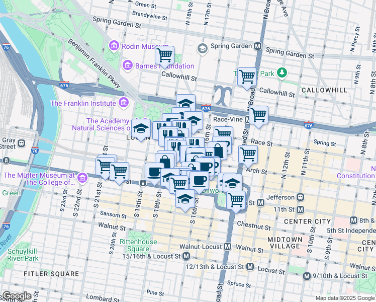 map of restaurants, bars, coffee shops, grocery stores, and more near 117 North 17th Street in Philadelphia