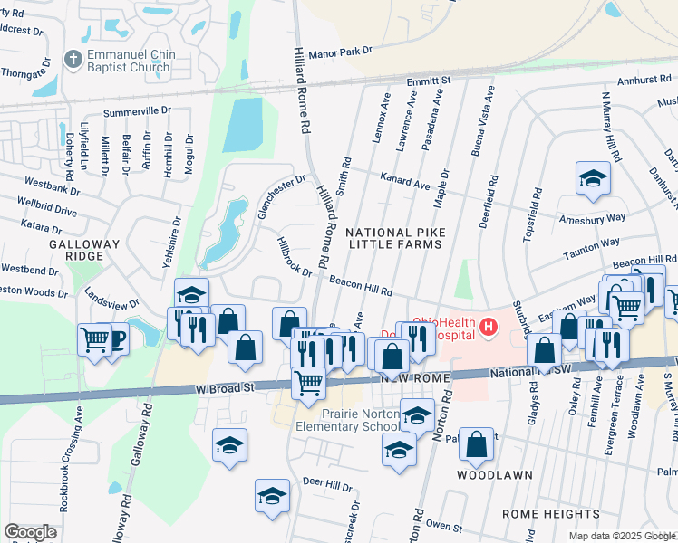 map of restaurants, bars, coffee shops, grocery stores, and more near 185 Lennox Avenue in Columbus