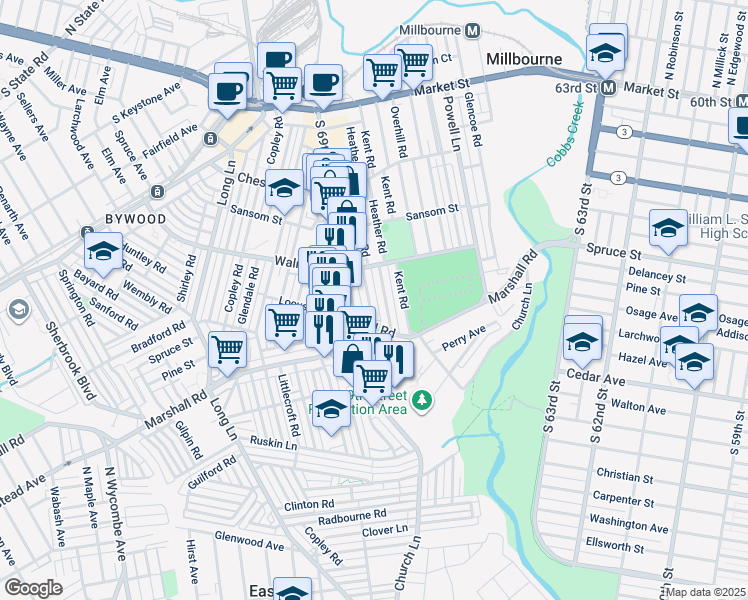 map of restaurants, bars, coffee shops, grocery stores, and more near 229 Barrington Road in Upper Darby