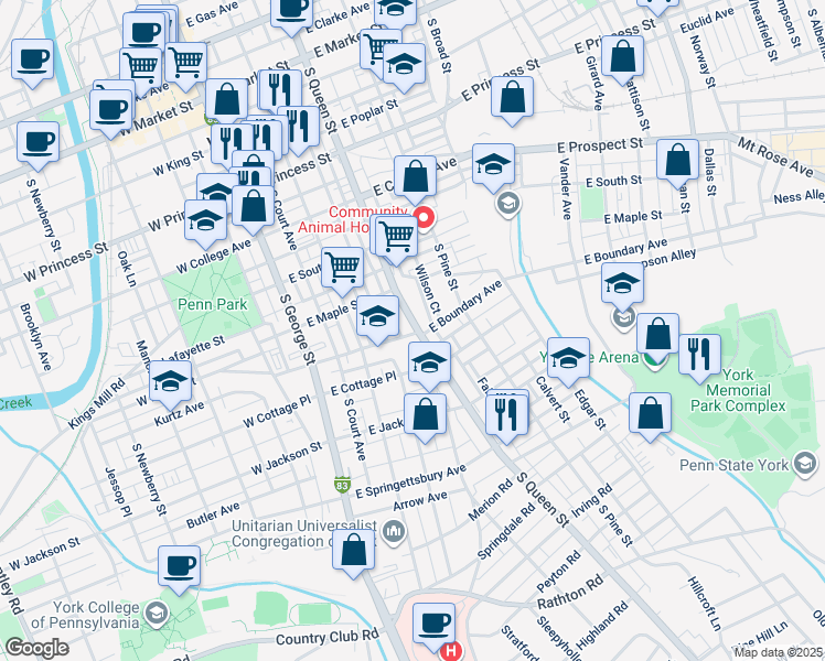 map of restaurants, bars, coffee shops, grocery stores, and more near 558 South Queen Street in York