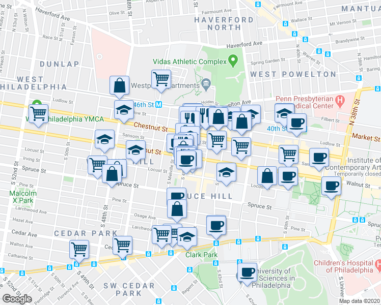 map of restaurants, bars, coffee shops, grocery stores, and more near 4431 Walnut Street in Philadelphia