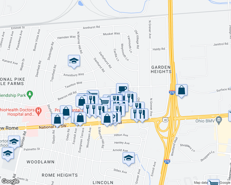 map of restaurants, bars, coffee shops, grocery stores, and more near 139 Beacon Run West in Columbus
