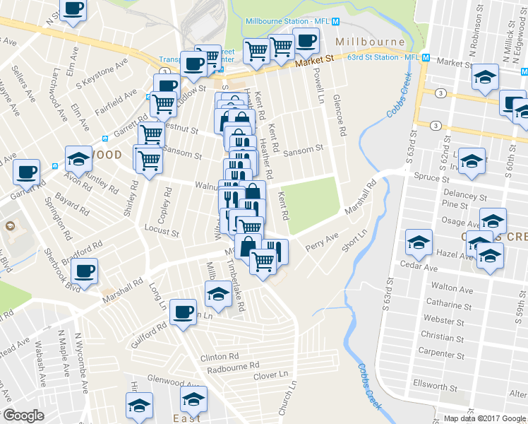 map of restaurants, bars, coffee shops, grocery stores, and more near 229 Barrington Road in Upper Darby