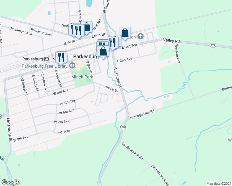 map of restaurants, bars, coffee shops, grocery stores, and more near 10 Beale Drive in Parkesburg