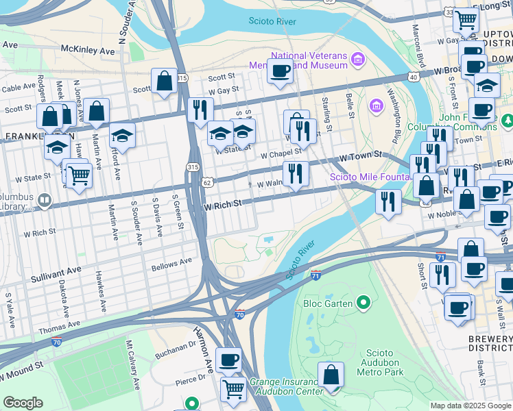 map of restaurants, bars, coffee shops, grocery stores, and more near 553 West Rich Street in Columbus
