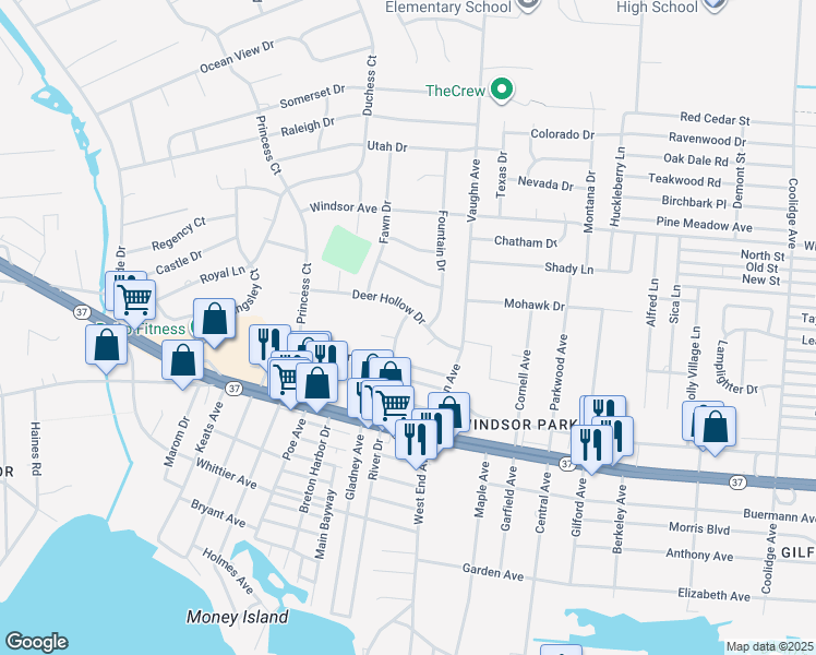 map of restaurants, bars, coffee shops, grocery stores, and more near 537 River Dr in Toms River