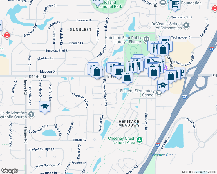 map of restaurants, bars, coffee shops, grocery stores, and more near 8409 Fishers Center Drive in Fishers