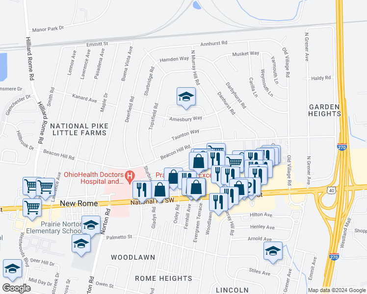 map of restaurants, bars, coffee shops, grocery stores, and more near 4926 Beacon Hill Road in Columbus