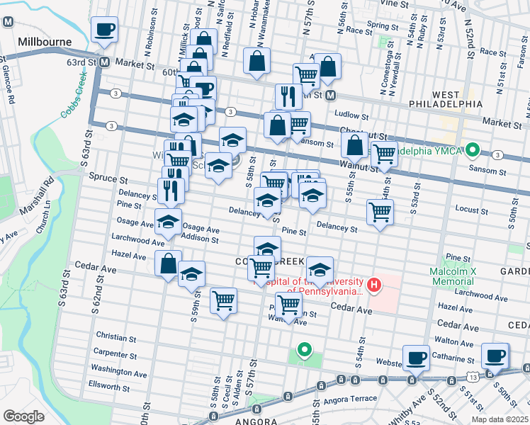 map of restaurants, bars, coffee shops, grocery stores, and more near 5723 Delancey Street in Philadelphia