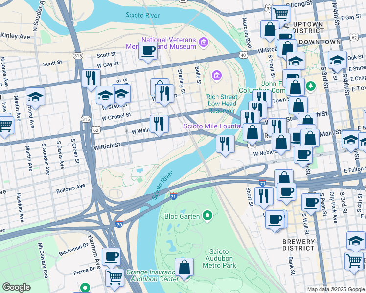 map of restaurants, bars, coffee shops, grocery stores, and more near 392 Trestle View Street in Columbus