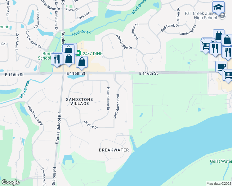 map of restaurants, bars, coffee shops, grocery stores, and more near 11474 Loch Raven Boulevard in Fishers