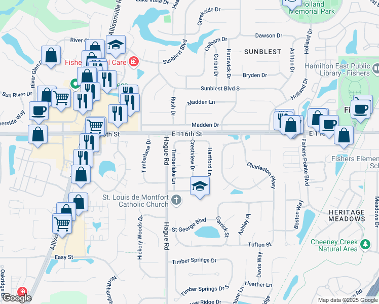 map of restaurants, bars, coffee shops, grocery stores, and more near 11545 Crestview Drive in Fishers