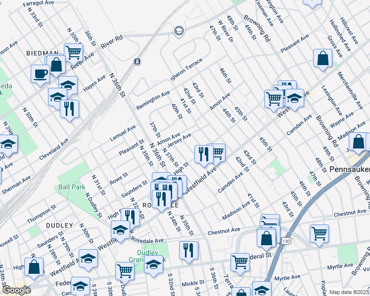 map of restaurants, bars, coffee shops, grocery stores, and more near 431 N 39th St in Pennsauken Township