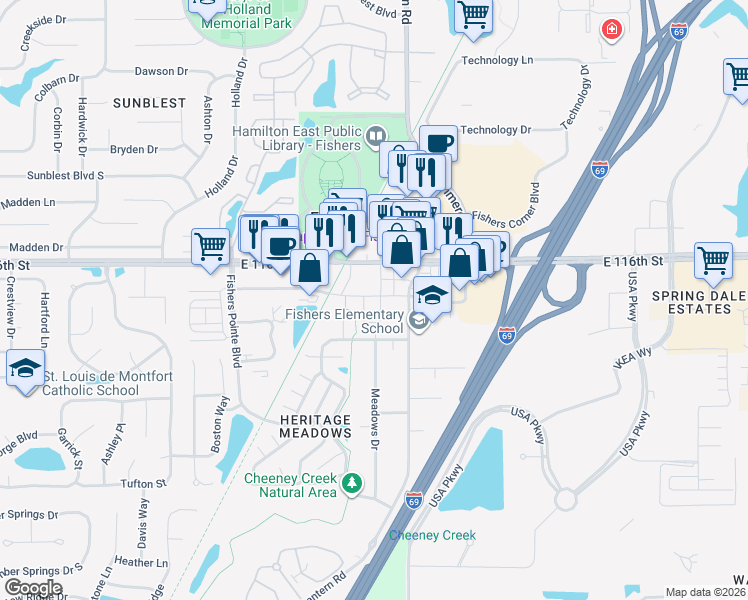 map of restaurants, bars, coffee shops, grocery stores, and more near 8667 South Street in Fishers