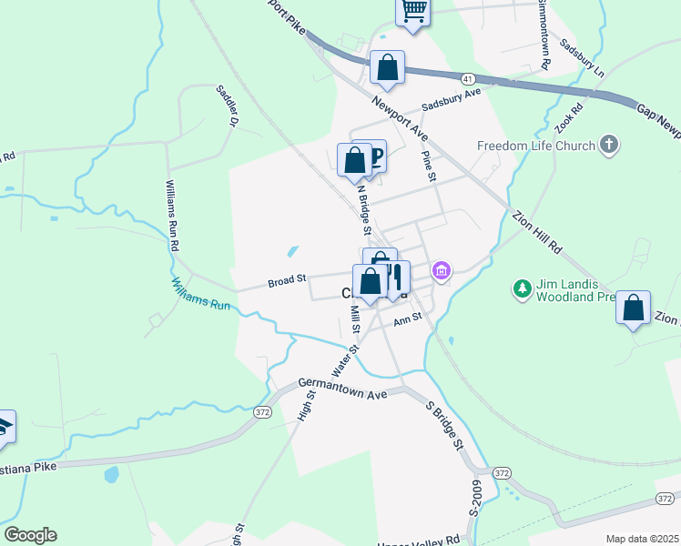 map of restaurants, bars, coffee shops, grocery stores, and more near 30 Broad Street in Christiana