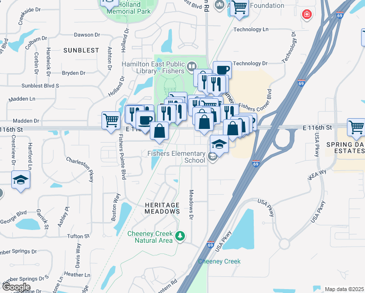 map of restaurants, bars, coffee shops, grocery stores, and more near 8667 South Street in Fishers
