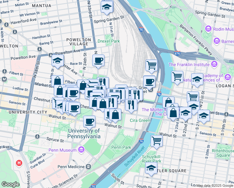 map of restaurants, bars, coffee shops, grocery stores, and more near 3101 Market Street in Philadelphia