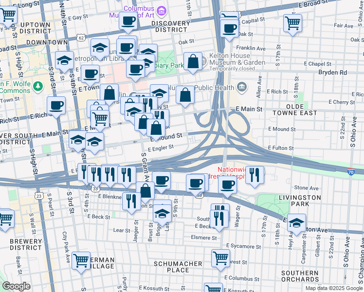 map of restaurants, bars, coffee shops, grocery stores, and more near 525 East Engler Street in Columbus