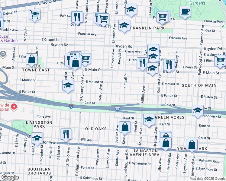 map of restaurants, bars, coffee shops, grocery stores, and more near 512 Linwood Avenue in Columbus
