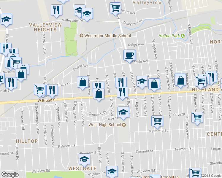 map of restaurants, bars, coffee shops, grocery stores, and more near 30 North Roys Avenue in Columbus