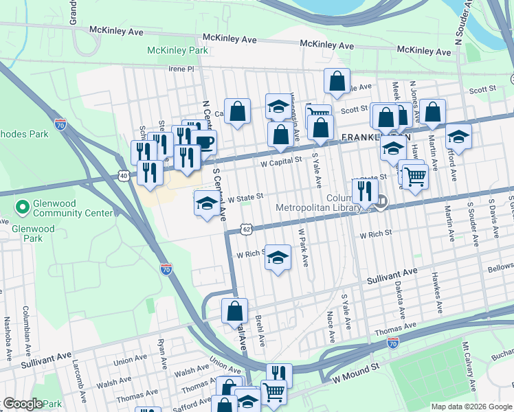 map of restaurants, bars, coffee shops, grocery stores, and more near 119 Dana Avenue in Columbus