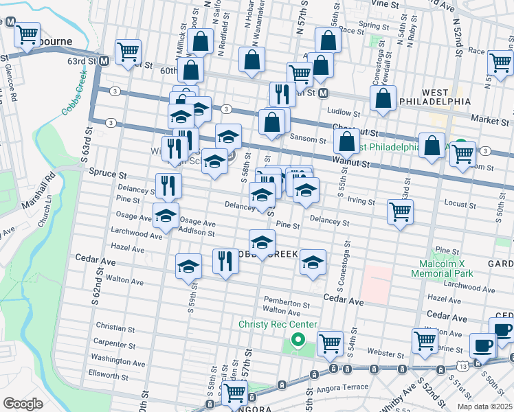 map of restaurants, bars, coffee shops, grocery stores, and more near 5729 Delancey Street in Philadelphia