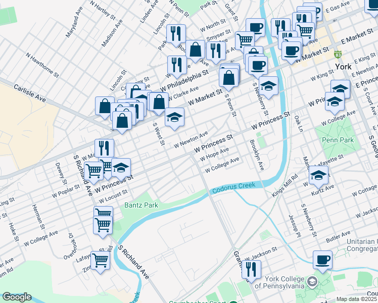map of restaurants, bars, coffee shops, grocery stores, and more near 543 West Princess Street in York